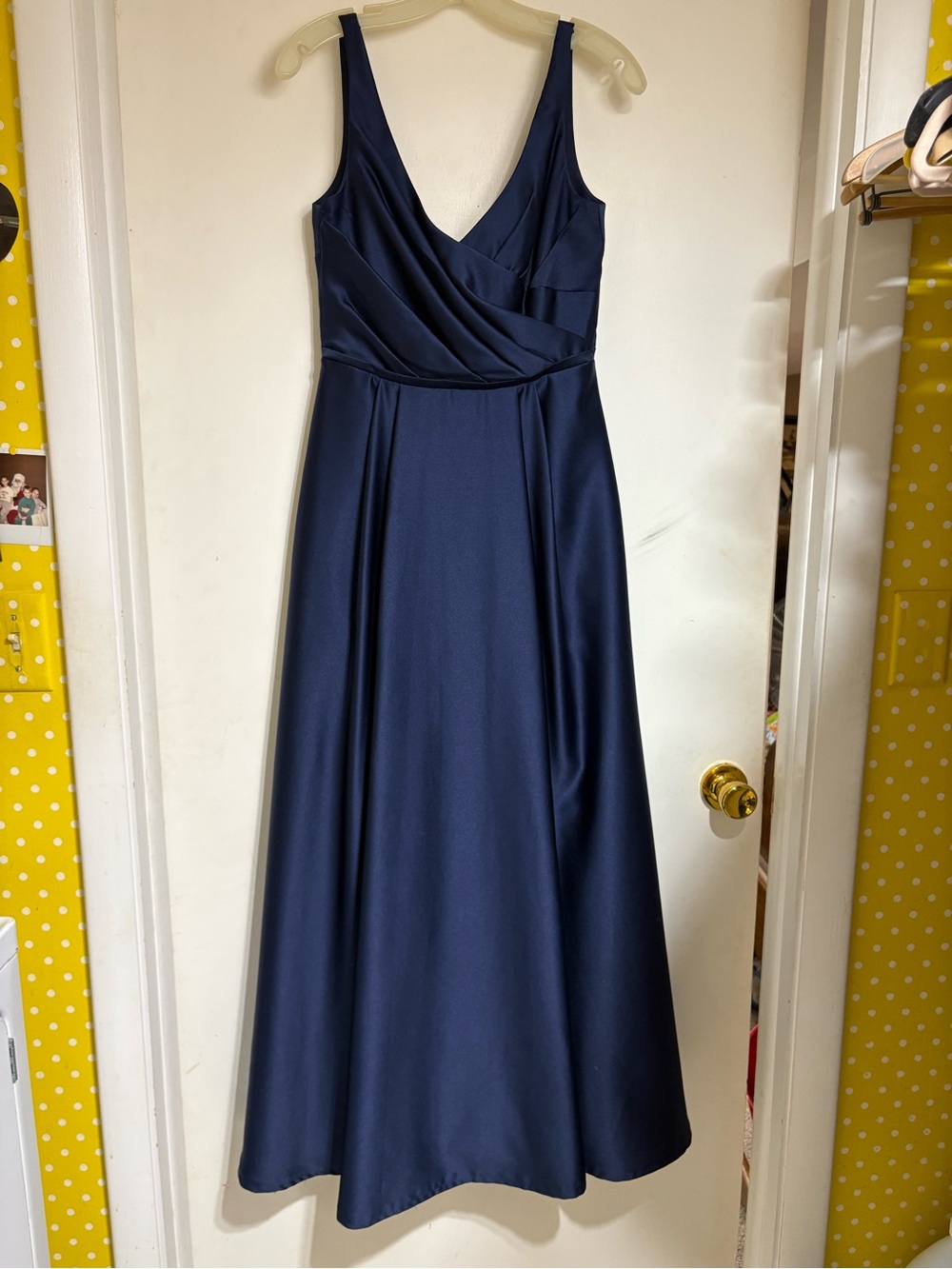 David's Bridal Navy Satin V-Neck Maxi Dress